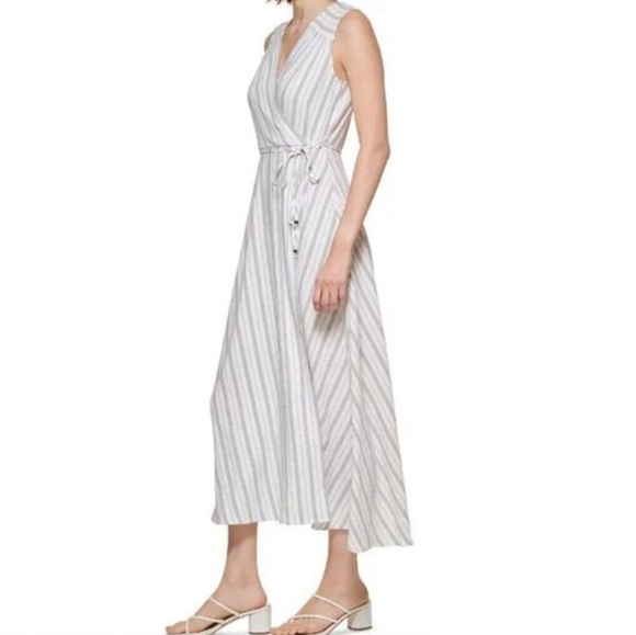 Calvin Klein White Grey Faux-Wrap Striped A-Line Maxi Dress Size 10 NWOT'S - Picture 2 of 13